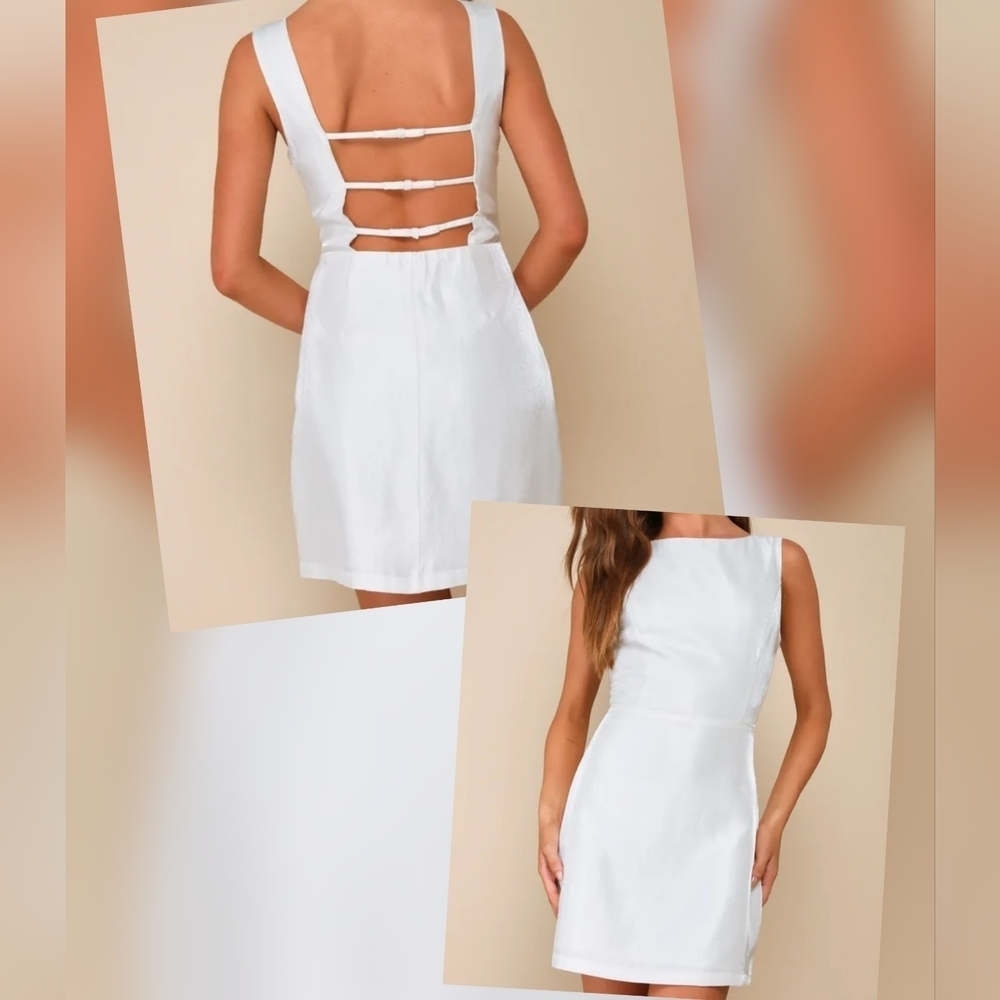 Lulus Sophisticated Selection White Sleeveless Backless Mini Dress w Bows, Med